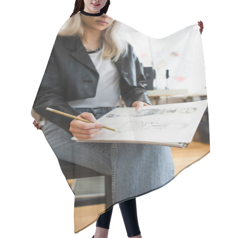 Personality  Partial View Of Blurred Designer Drawing Sketch In Fashion Workshop Hair Cutting Cape