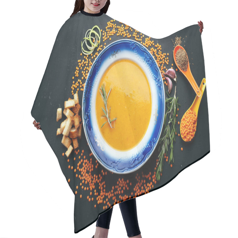 Personality  Soup Of Mashed Red Lentils. Close Grain Lentils, Spices And Herbs. Vegetarian Concept Hair Cutting Cape