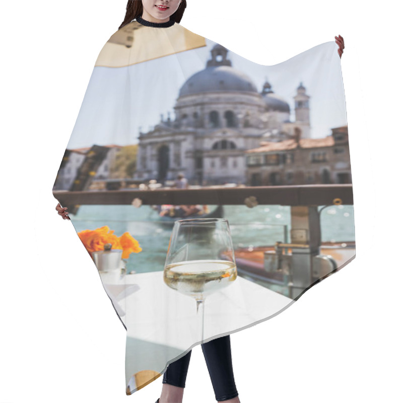 Personality  Selective Focus Of Wine Glass On Table And Santa Maria Della Salute Church On Background  Hair Cutting Cape