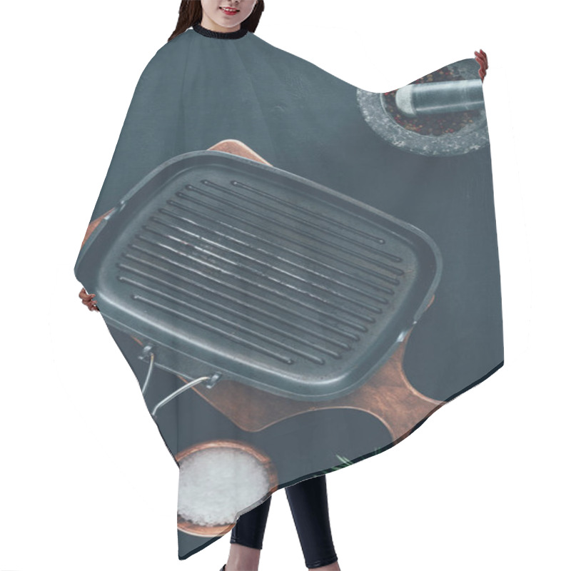 Personality  Top View Of Empty Grill Pan With Spices On Black Tabletop Hair Cutting Cape