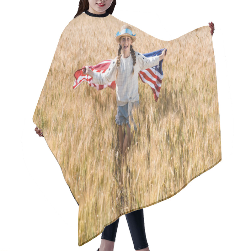 Personality  Happy Kid In Straw Hat Holding American Flag In Golden Field  Hair Cutting Cape