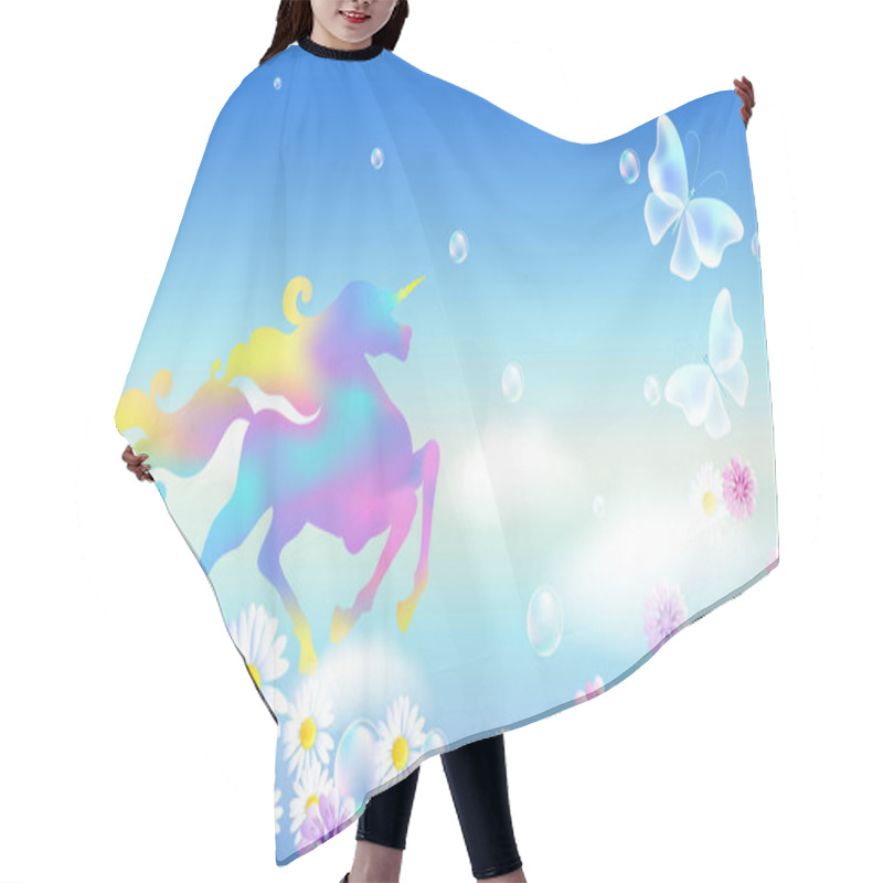 Personality  Galloping Unicorn In The Clouds Sky With Luxurious Winding Mane Against The Background Of The Iridescent Universe With Flowers And Butterflies Hair Cutting Cape