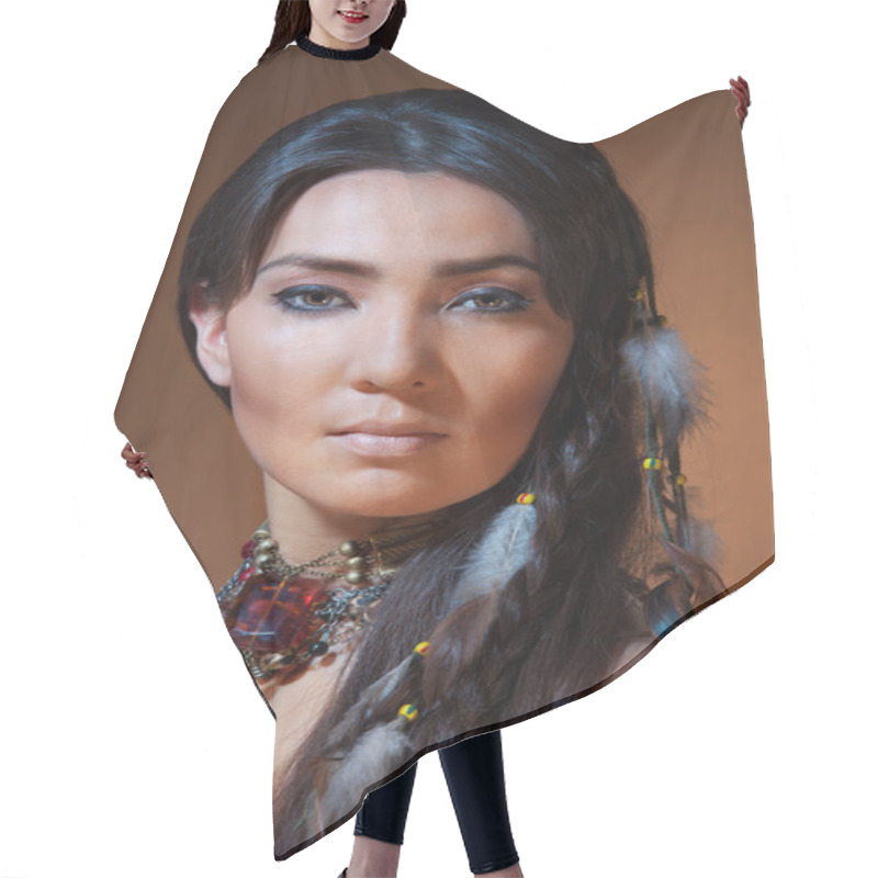 Personality  Portrait Of American Indian Woman Hair Cutting Cape