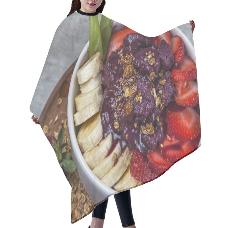 Personality  A Closeup Shot Of A Fruit Salad With Bananas, Strawberries, Pecan And Acai Cream Hair Cutting Cape