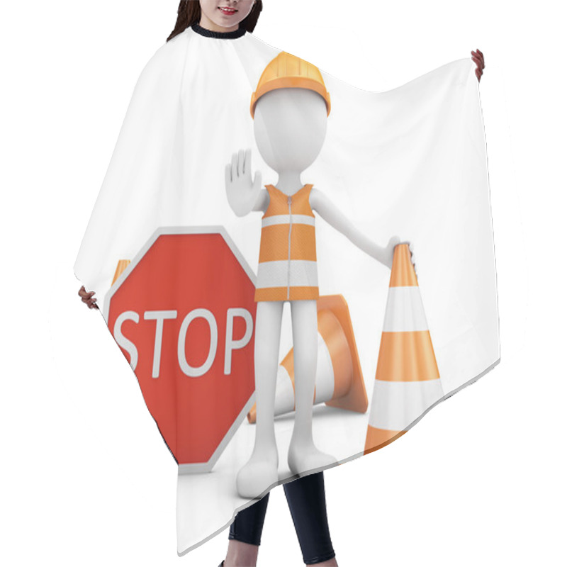 Personality  Road Worker With Helmet And Traffic Sign With Cones. 3d Rendering. Hair Cutting Cape