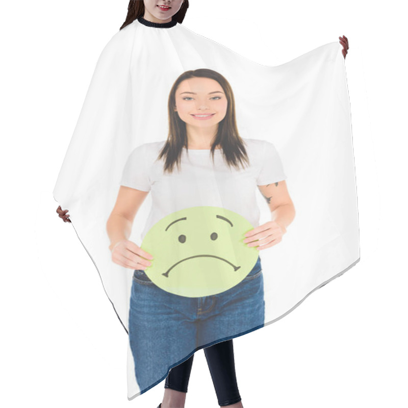 Personality  Attractive Girl Holding Green Sign With Sad Face Expression While Looking At Camera Isolated On White Hair Cutting Cape