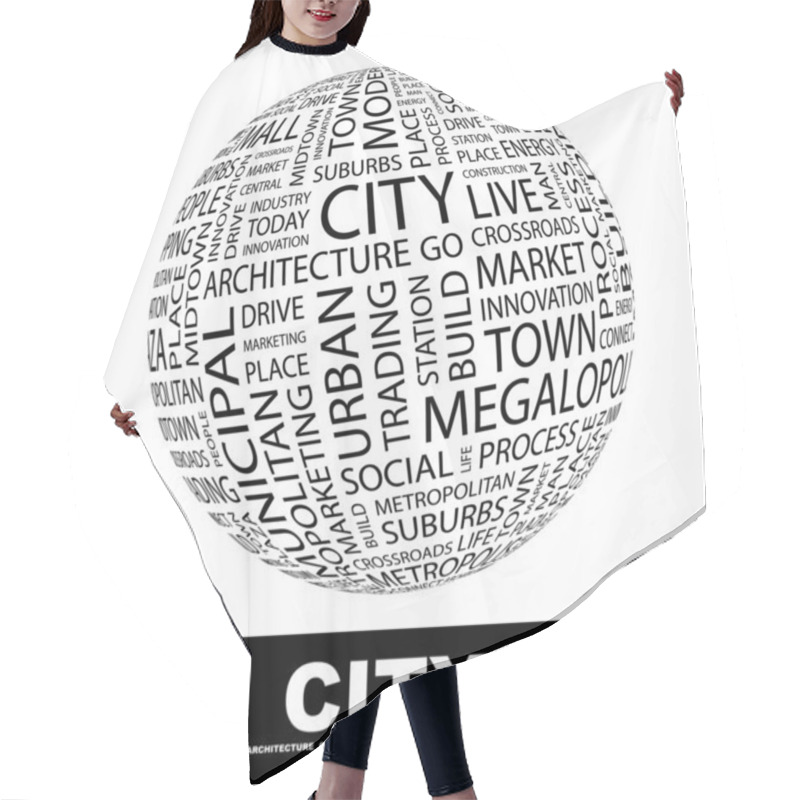 Personality  CITY. Word Collage On White Background. Hair Cutting Cape