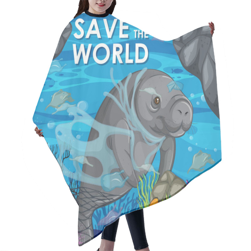 Personality  Poster Design With Manatee And Plastic Bags In Ocean Hair Cutting Cape