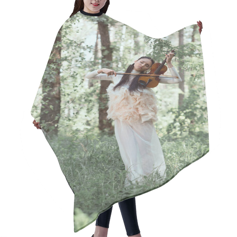 Personality  Tender Woman In White Swan Costume Standing On Forest Background With Violin Hair Cutting Cape