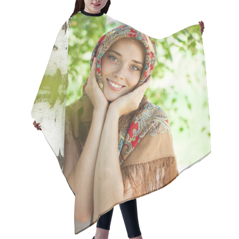 Personality  Beauty Woman In The National Patterned Scarf Hair Cutting Cape