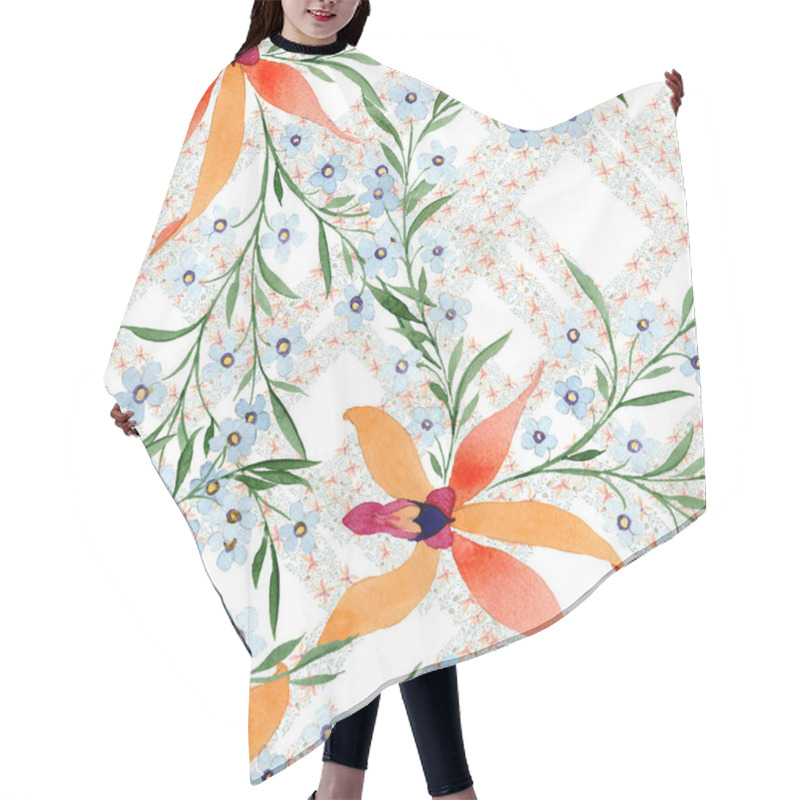 Personality  Blue And Orange Flowers. Watercolour Drawing Of Background With Orchids And Forget Me Nots. Hair Cutting Cape