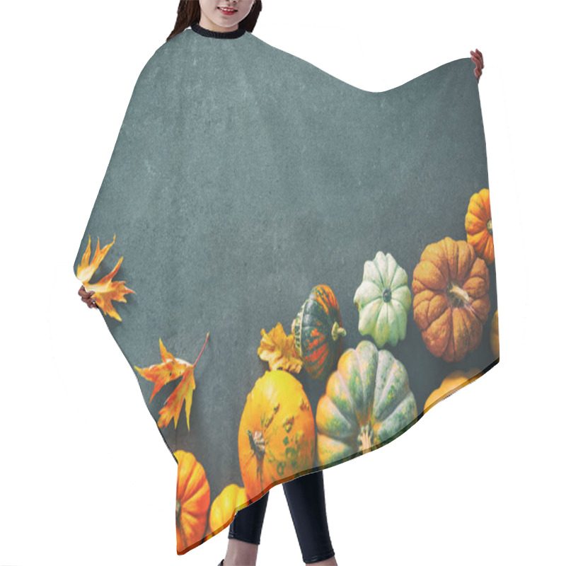 Personality  Thanksgiving Background With Various Pumpkins, Gourds And Falling Leaves On Rustic Dark Table Hair Cutting Cape