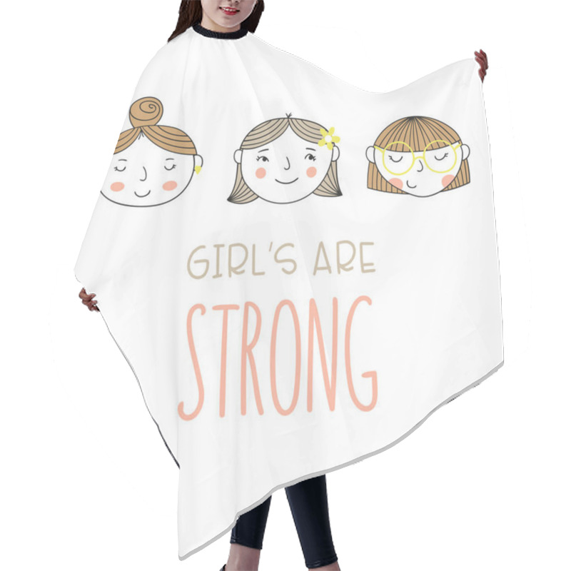 Personality  Set Of A Group Of Different Girls And Inscription. Cartoon Doodle Style Characters. Hair Cutting Cape