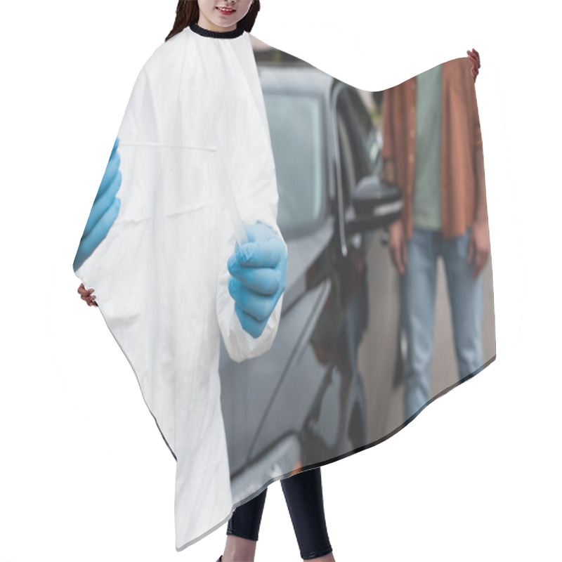 Personality  Cropped View Of Medical Worker Holding Pcr Test Near Blurred Driver And Car Outdoors  Hair Cutting Cape