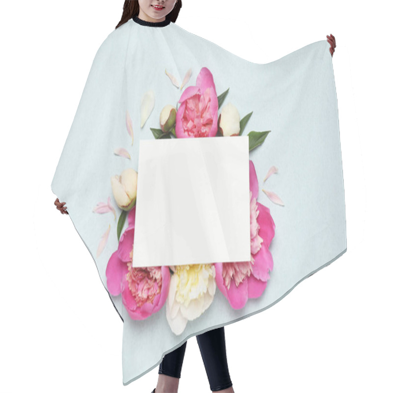 Personality  Beautiful Peonies And Blank Card On Light Blue Background, Flat Lay. Space For Text Hair Cutting Cape