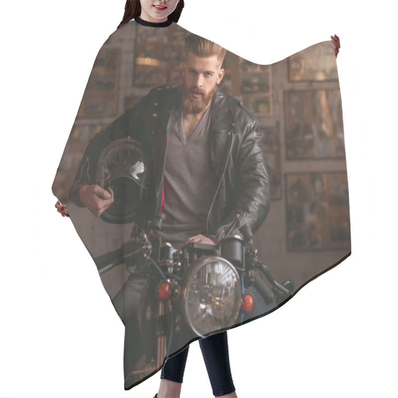 Personality  Guy In Motorbike Repair Shop Hair Cutting Cape