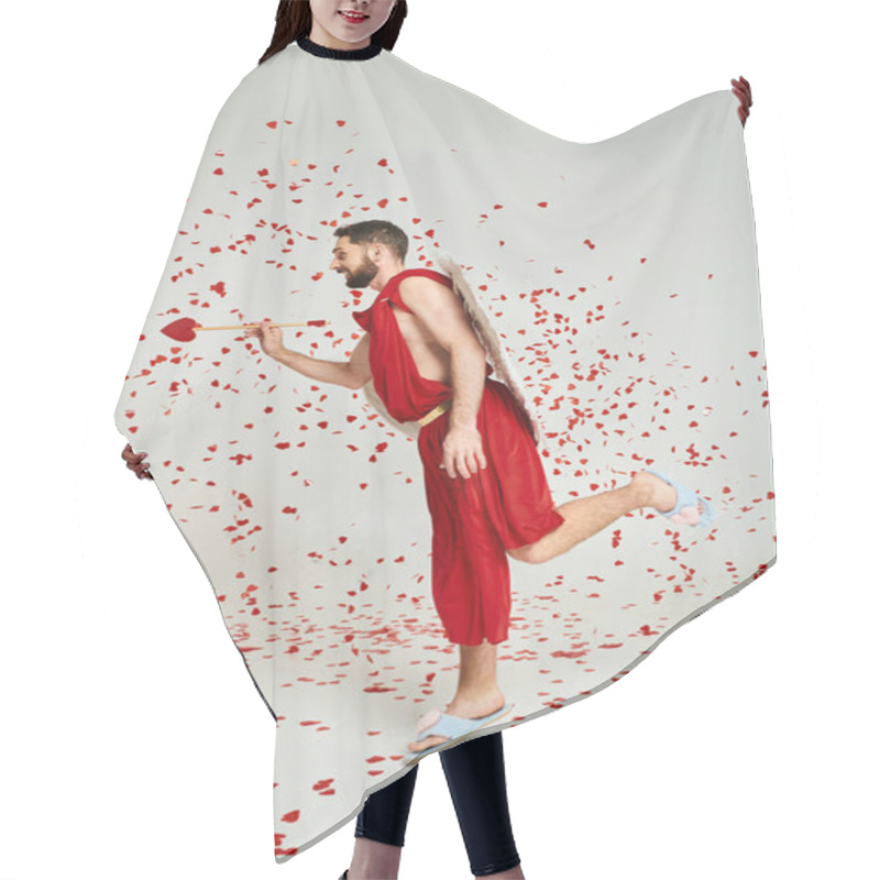 Personality  Man In Cupid Costume Posing With Heart-shaped Arrow Under Red Confetti On Grey, Saint Valentines Day Hair Cutting Cape