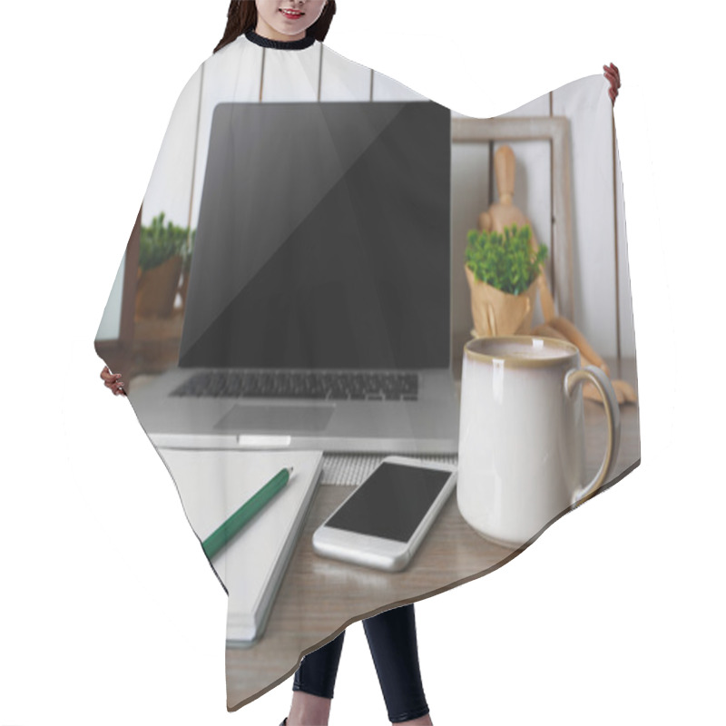 Personality  Decorated Workplace With Laptop In The Modern Room Hair Cutting Cape