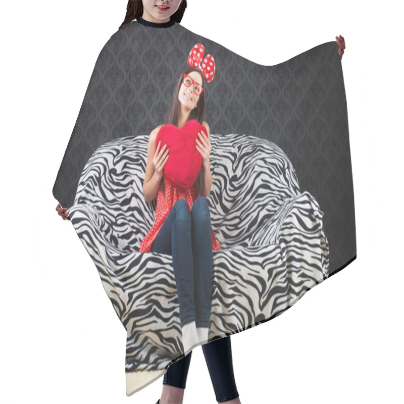 Personality  Portrait Of A Funny Girl With A Heart Cushion Hair Cutting Cape