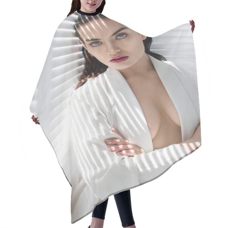 Personality  Beautiful Glamour Woman Posing In White Jacket With Shadows Hair Cutting Cape