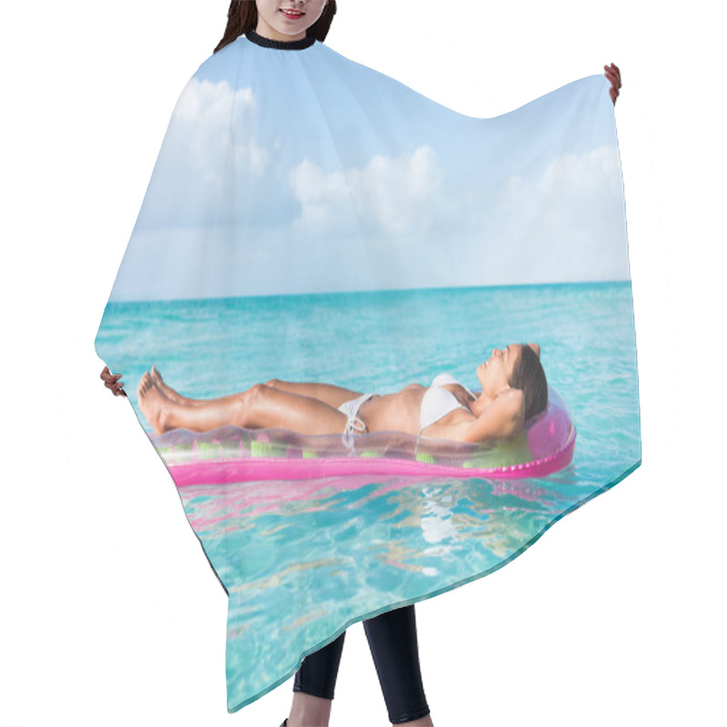 Personality  Luxury Summer Vacation Beach Woman Relaxing Lying Down On Inflatable Pool Float Floating On Turquoise Ocean Sun Tanning. Bikini Model Sleeping On Holiday. Hair Cutting Cape