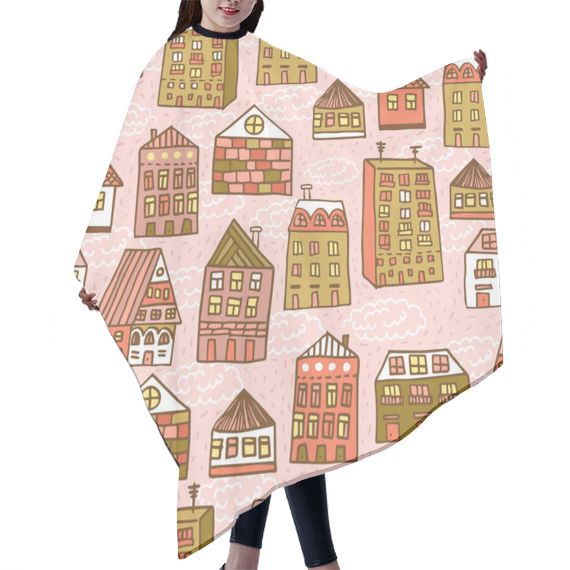 Personality  Cute Lovely Houses On Gentle Pink Background. Hand Drawn Fairytale Doodle Homes Backdrop. Pink And Green Soft Palette. Childish Kids Style Drawing. For Kids Textile, Notebooks. Hair Cutting Cape