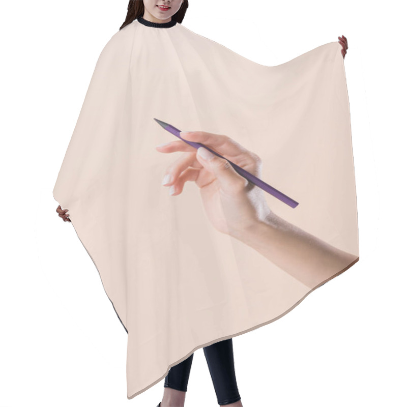 Personality  Cropped Shot Of Woman Holding Purple Pencil Isolated On Beige Hair Cutting Cape