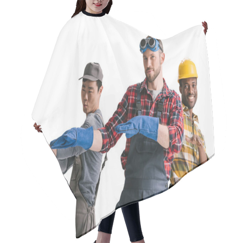 Personality  Group Of Multiethnic Construction Workers Hair Cutting Cape