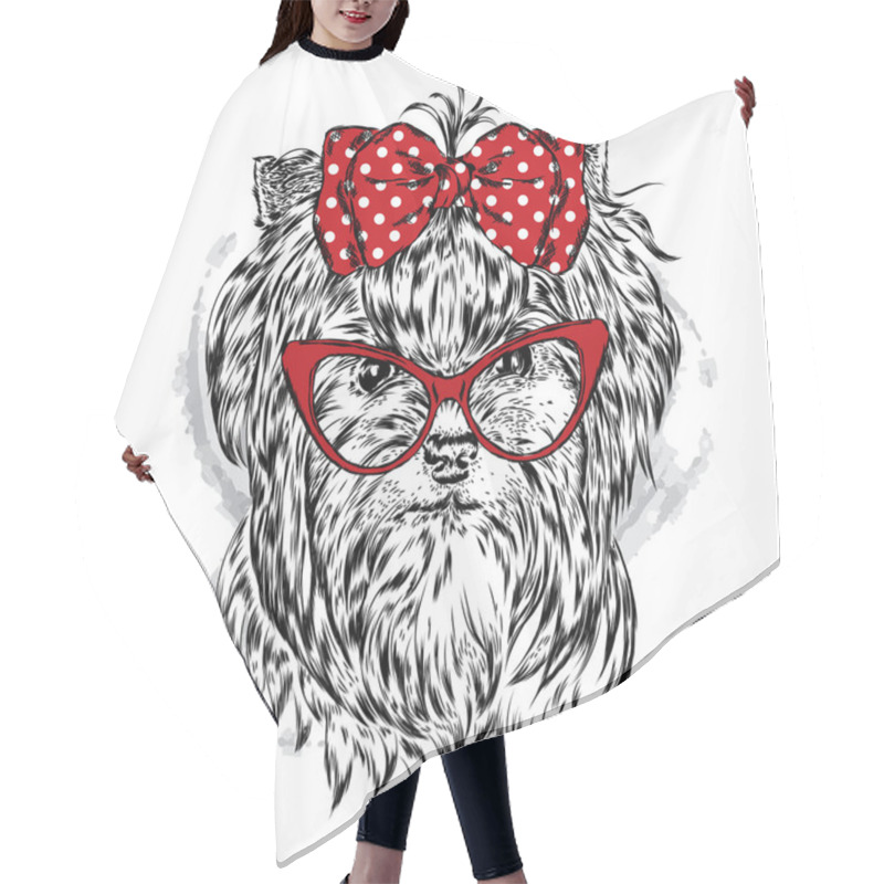 Personality  Cute Yorkshire Terrier With Bow And Glasses. Vector Illustration For A Card Or Poster. Print On Clothes. Beautiful Dog. Hair Cutting Cape