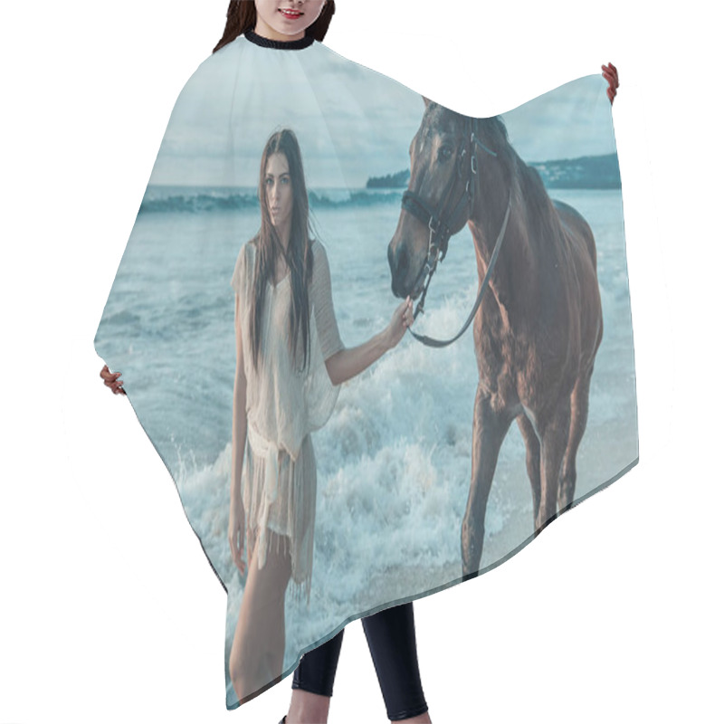 Personality  Brunette Lady Walking With A Horse Hair Cutting Cape