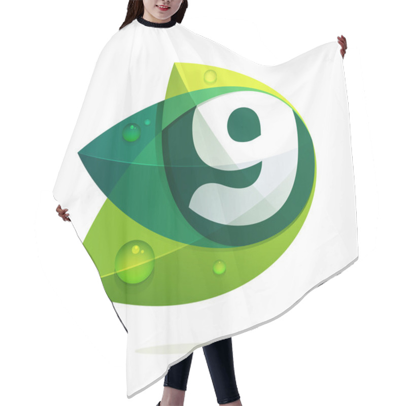 Personality  Number Nine With Green Leaves And Dew Drops. Hair Cutting Cape