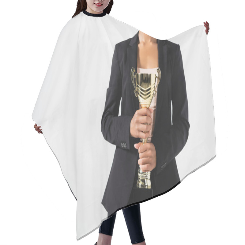 Personality  Cropped View Of African American Businesswoman With Golden Cup Isolated On Grey Hair Cutting Cape