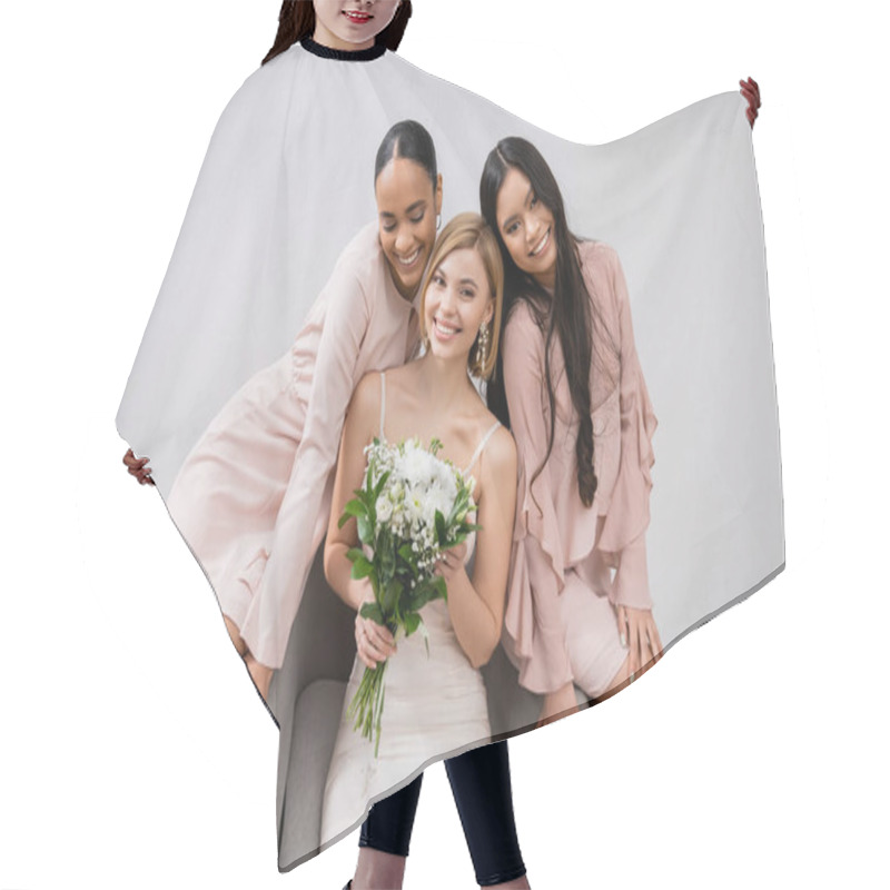 Personality  Wedding Photography, Diversity, Three Women, Happy Bride With Bouquet And Her Interracial Bridesmaids Sitting On Armchair On Grey Background, Brunette And Blonde, Joy, Celebration  Hair Cutting Cape