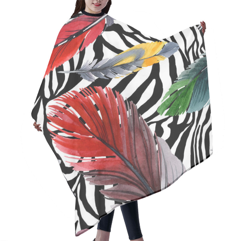 Personality  Colorful Bird Feather From Wing Isolated. Watercolour Drawing Fashion Aquarelle. Fabric Wallpaper Print Texture. Hair Cutting Cape