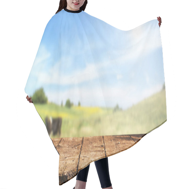 Personality  Empty Wooden Table With Blurred Natrural Background Hair Cutting Cape