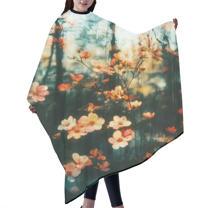 Personality  Delicate Pink Flowers Bloom Softly Against A Dreamy Forest Backdrop. Hair Cutting Cape