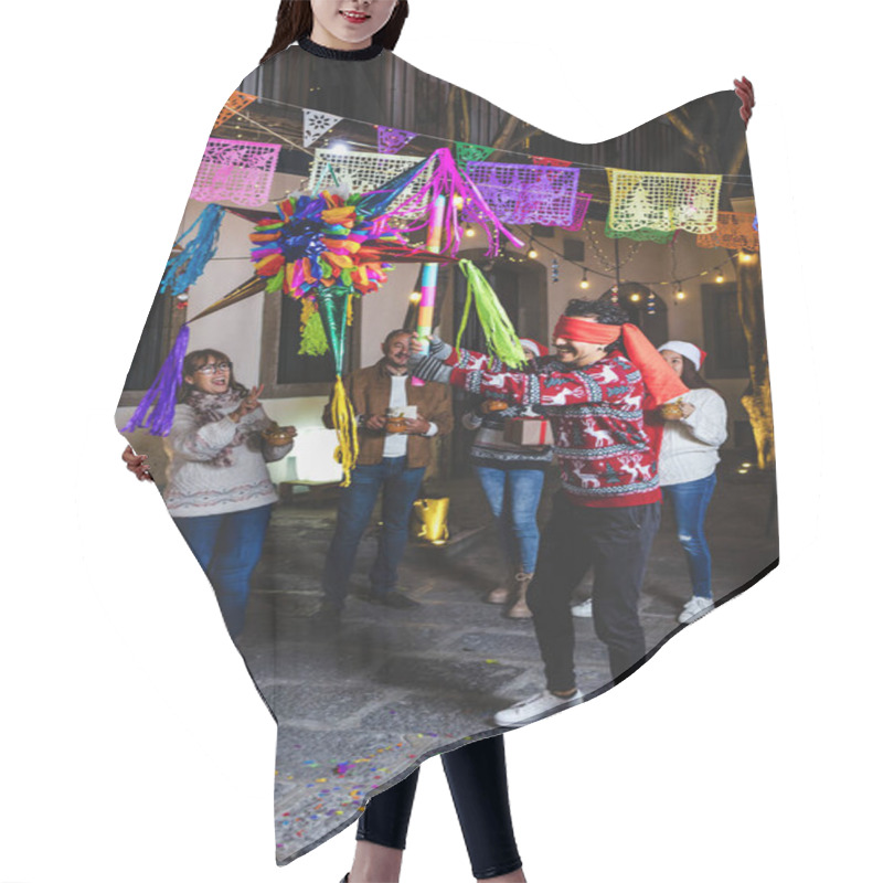 Personality  Latin Young Man Breaking A Pinata At Traditional Mexican Posada Celebration For Christmas Eve In Mexico Latin America, Hispanic Family In Holidays Hair Cutting Cape