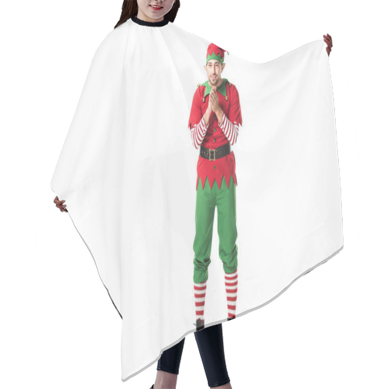 Personality  Excited Man In Christmas Elf Costume Looking At Camera And Rubbing Hands In Anticipation Isolated On White Hair Cutting Cape