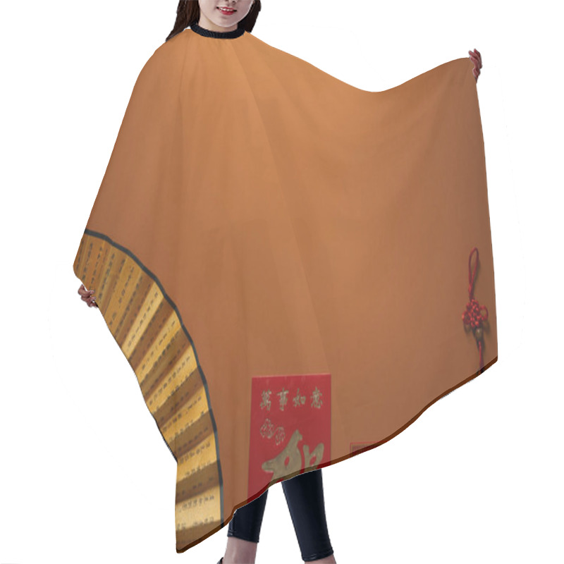 Personality  Top View Of Fan With Hieroglyphs On Brown Background, Chinese New Year Composition Hair Cutting Cape