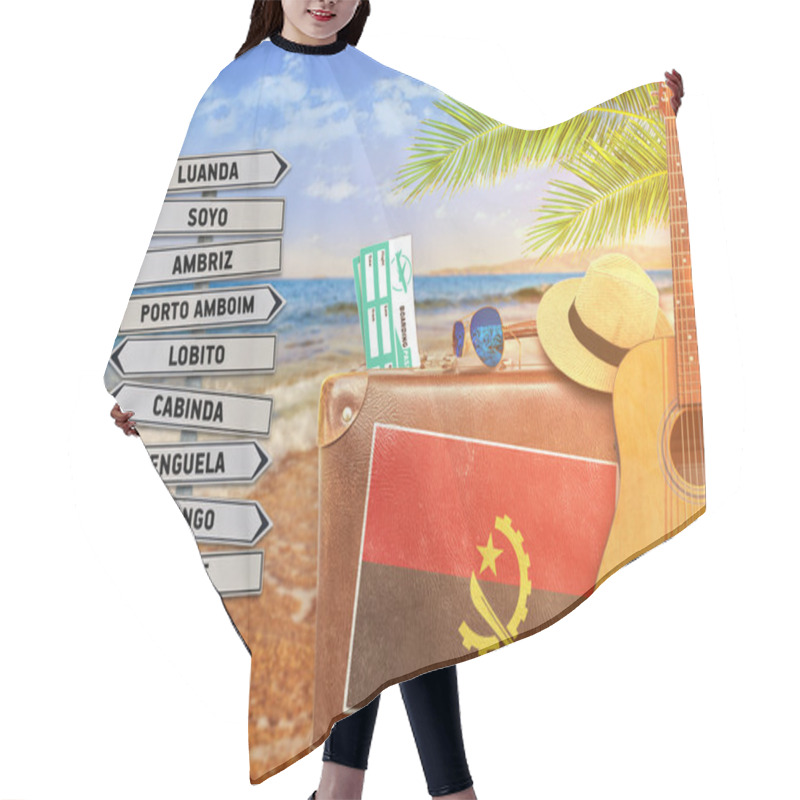 Personality  Concept Of Summer Traveling With Old Suitcase And Angola Town Sign With Burning Sun Hair Cutting Cape