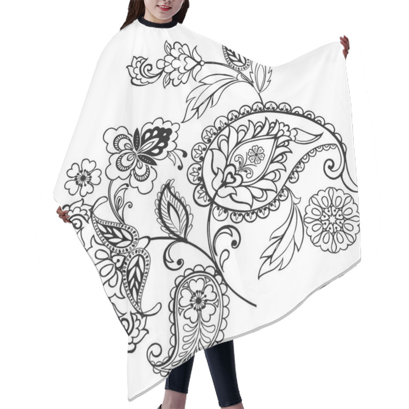 Personality  Monochrome Flower Ornament With Paisley. Hand Drawn Flowers For The Anti Stress Coloring Page. Hair Cutting Cape