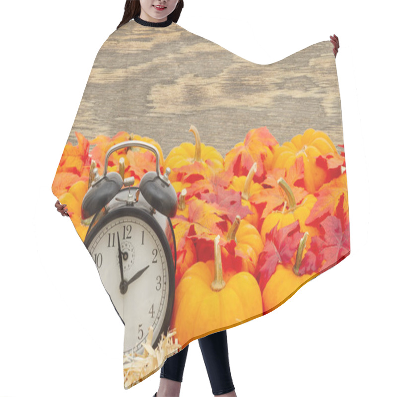 Personality  Retro Alarm Clock With Orange Pumpkins With Fall Leaves On Straw Hair Cutting Cape