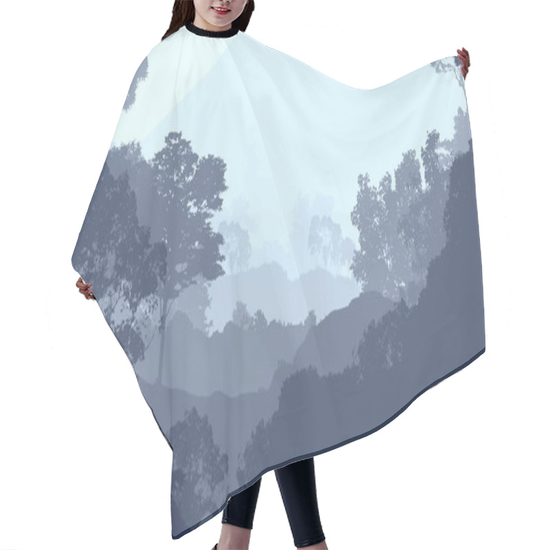 Personality  2d Illustration. Trees In Fog. Deep Forest Haze. Hills Covered By Plants And Foliage. Shrubs And Bushes. Deciduous Wood.  Hair Cutting Cape