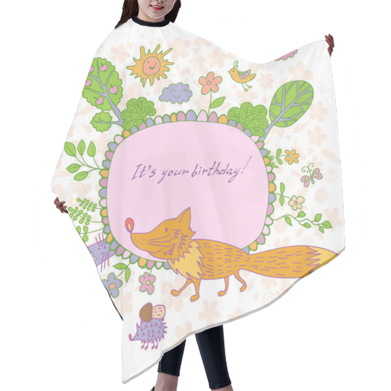 Personality  Stylish Cartoon Card Made Of Cute Flowers, Doodled Fox, Trees, B Hair Cutting Cape