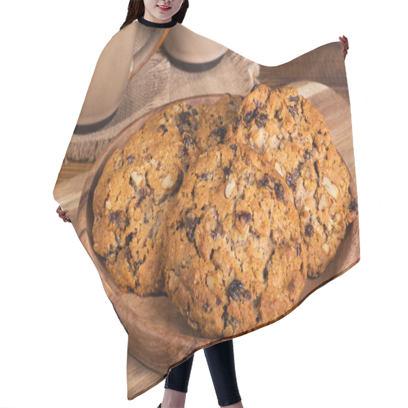 Personality  Pile Of Oatmeal Pecan Raisin Cookies On A Rustic Wooden Plate With Coffee Cups In Background Hair Cutting Cape