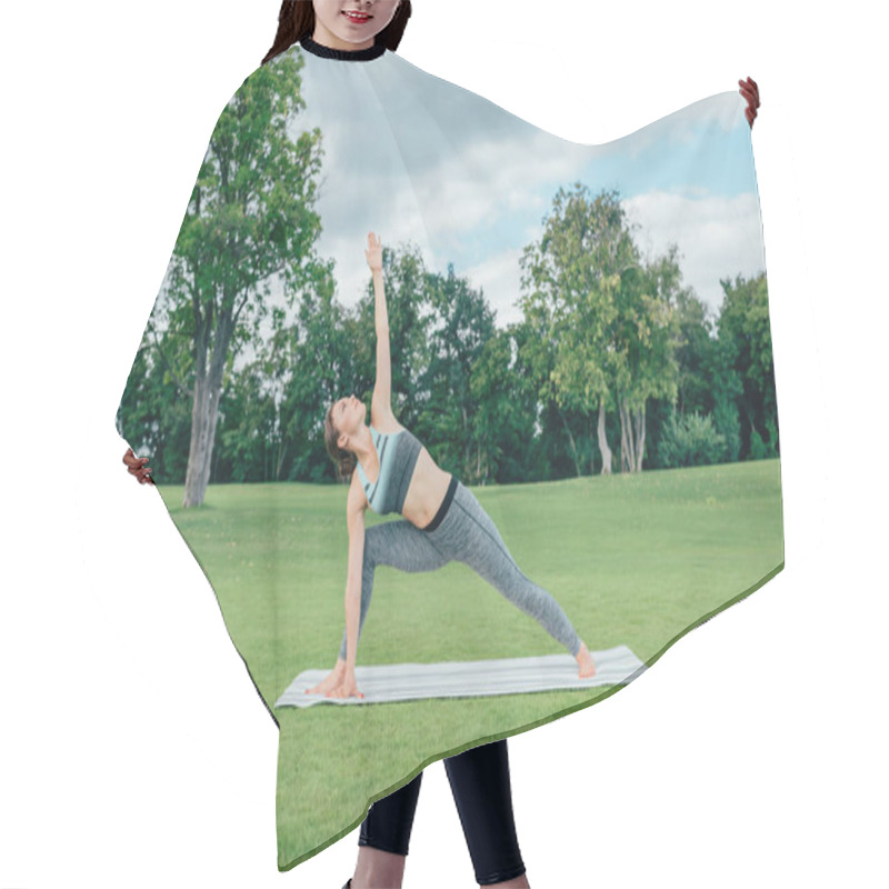 Personality  Caucasian Woman Practicing Yoga Pose Hair Cutting Cape