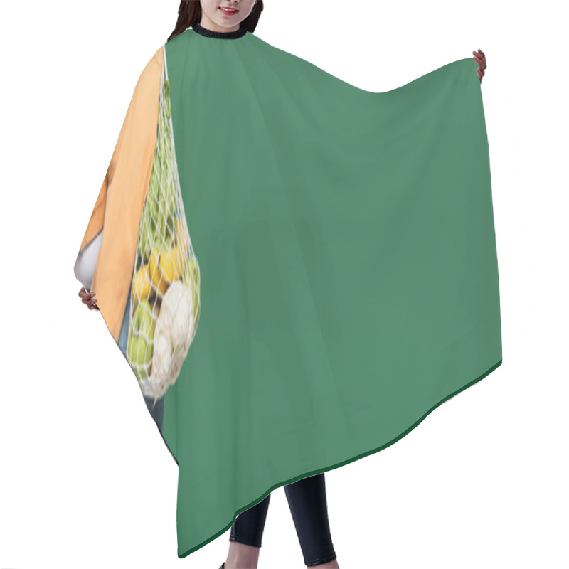 Personality  Cropped View Of Woman With Overweight And Net Bag With Fresh Food Isolated On Green, Banner  Hair Cutting Cape