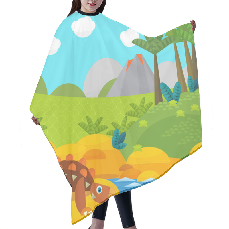 Personality  Cartoon Happy Dinosaur Near Some River And Volcano - Illustration For Children Hair Cutting Cape