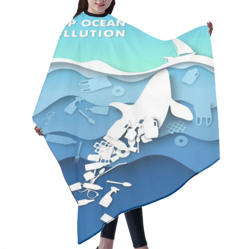 Personality  Stop Ocean Pollution Poster Template. Paper Cut Underwater Background, Marine Animal, Floating Trash Vector Illustration Hair Cutting Cape