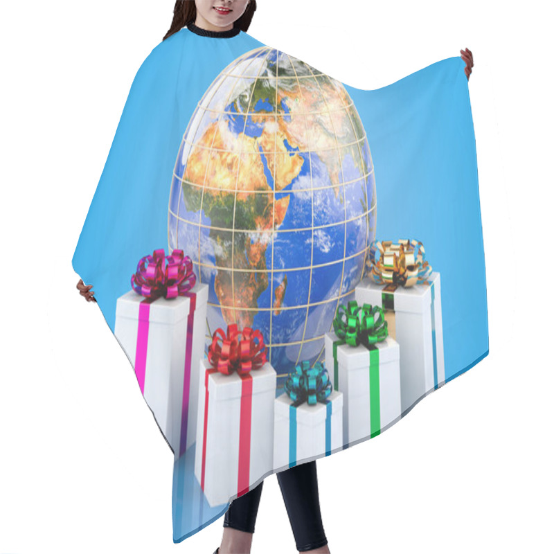 Personality  Earth Globe With Presents, 3D Rendering Isolated On Blue Backgroun Hair Cutting Cape